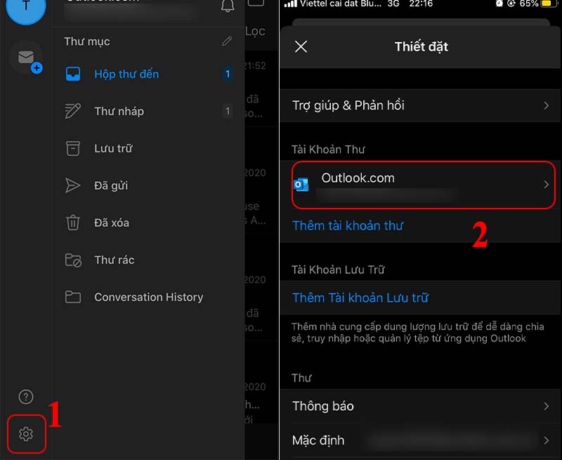 Truy cập C&agrave;i đặt Outlook